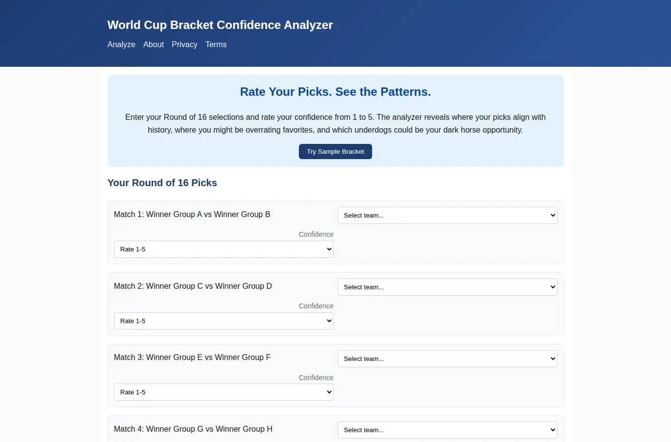 Screenshot of World Cup Bracket Confidence Analyzer interface showing the project page in use